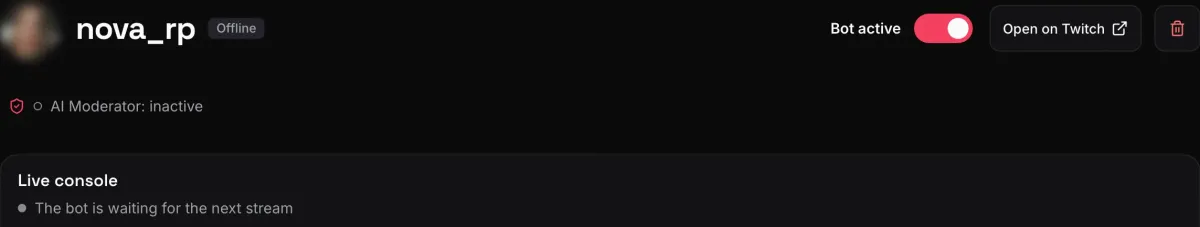 Capture réelle d'une chaîne suivie : bot actif, console du direct en attente du prochain live.