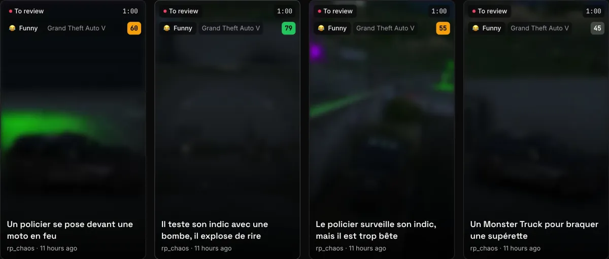 Capture réelle de l'écran Moments : quatre moments GTA RP à trier, chacun avec son type, son score et son titre.
