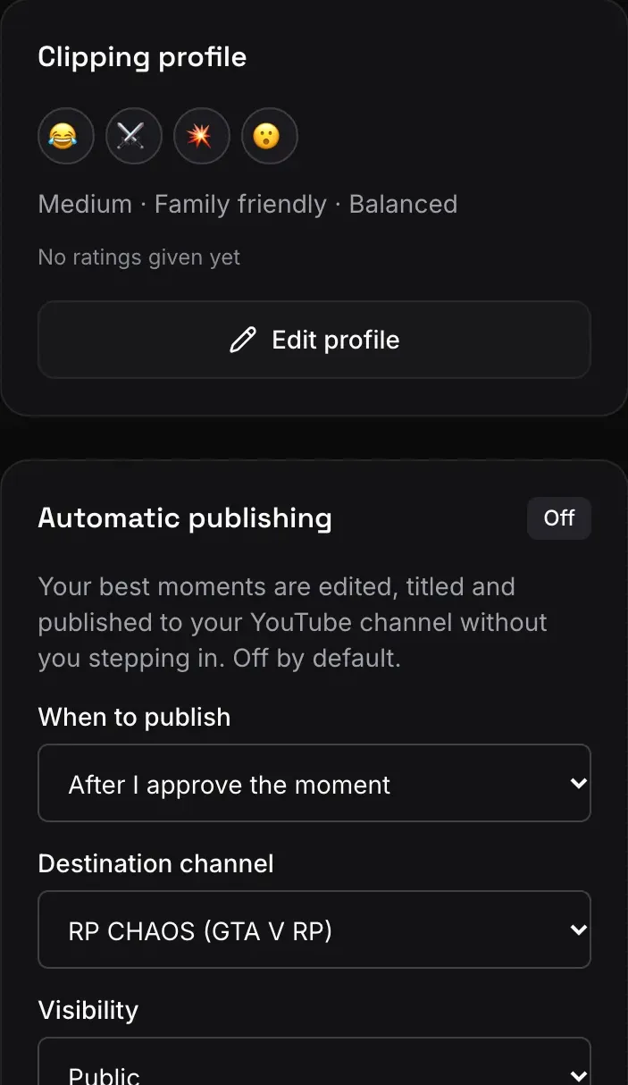 Capture réelle du profil de clipping d'une chaîne et du réglage d'auto-publication YouTube, désactivé par défaut.