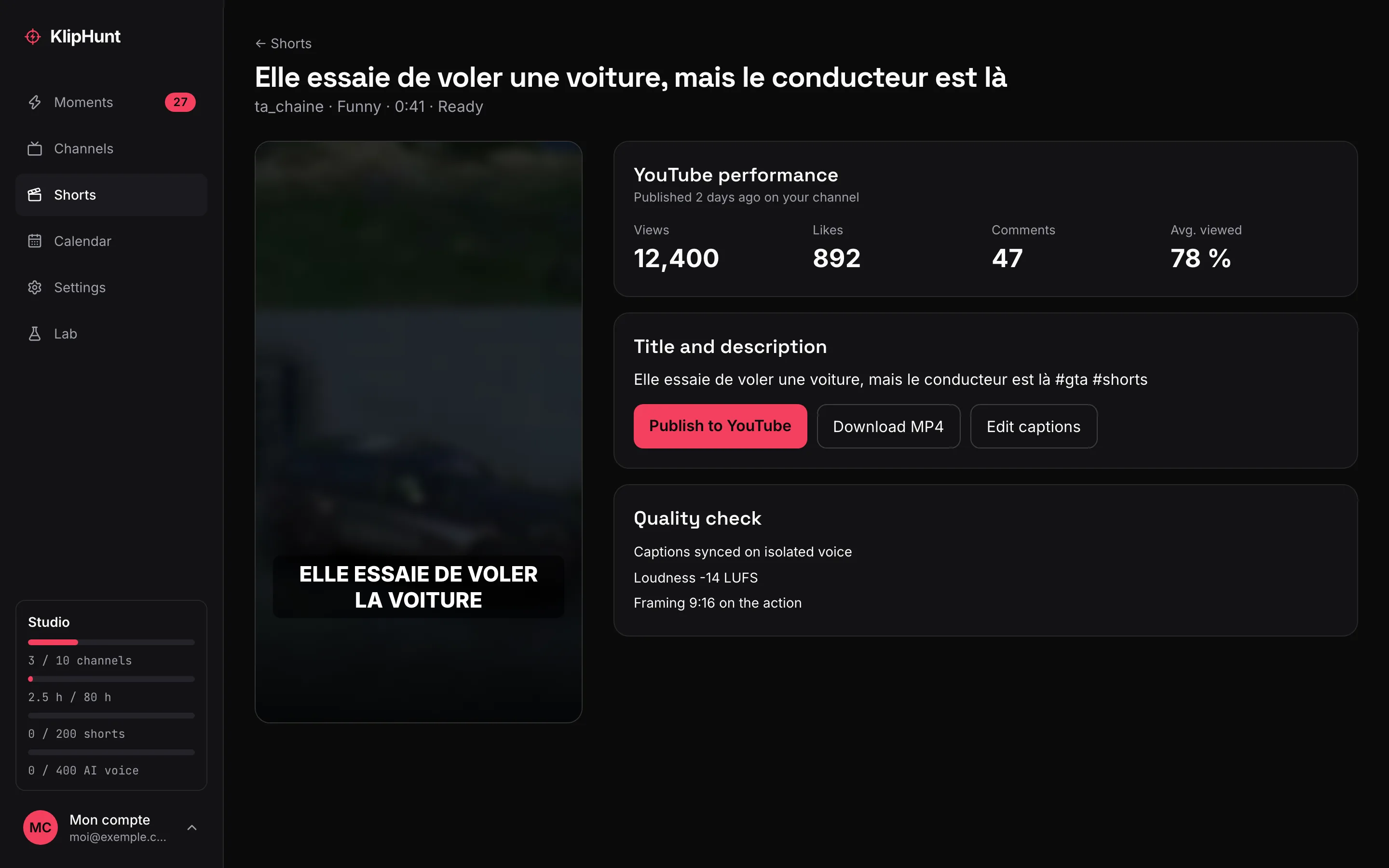 Capture de la page d'un short : aperçu 9:16 sous-titré, statistiques YouTube d'exemple, titre et description, boutons Publier sur YouTube et Télécharger MP4, contrôle qualité.